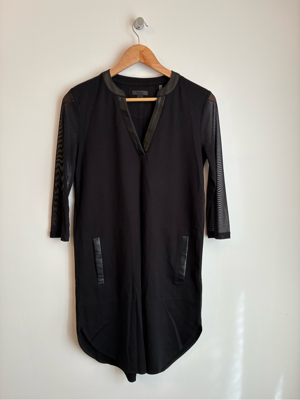 Rudsak Black Mesh Sleeve Shift Dress with Genuine Leather Trim S
